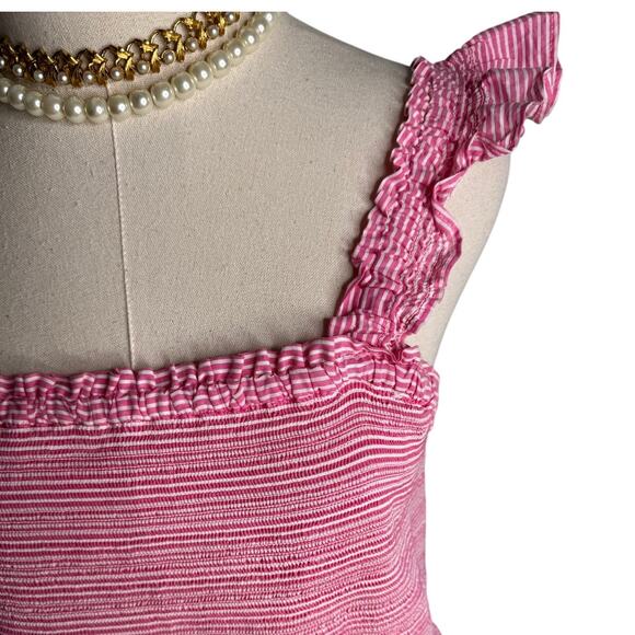 J. Crew Factory Striped Smocked Tiered Mini Dress ruffle pink size large L - Picture 4 of 8